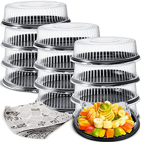 12 Pack Heavy Duty, Repeatedly 16 Inch Plastic Serving Tray with Lid and 24 Pcs Deli Wax Paper Sheets Sets Large Plastic Party Platters with Clear Lids Stackable Round Food Serving Trays for Party