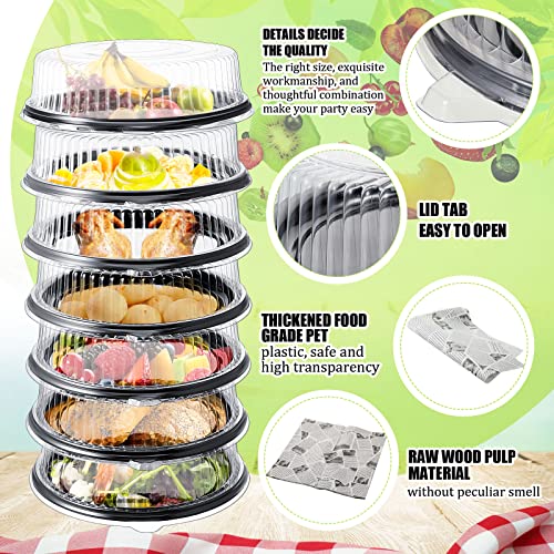 12 Pack Heavy Duty, Repeatedly 16 Inch Plastic Serving Tray with Lid and 24 Pcs Deli Wax Paper Sheets Sets Large Plastic Party Platters with Clear Lids Stackable Round Food Serving Trays for Party