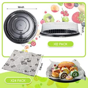 12 Pack Heavy Duty, Repeatedly 16 Inch Plastic Serving Tray with Lid and 24 Pcs Deli Wax Paper Sheets Sets Large Plastic Party Platters with Clear Lids Stackable Round Food Serving Trays for Party