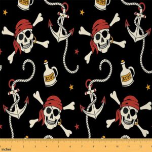 feelyou pirate upholstery fabric for chairs, ocean marine theme anchor fabric by the yard, cartoon skull skeleton decorative fabric for upholstery and home diy projects, 1 yard, black cream