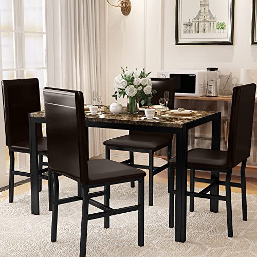 Recaceik Dining Room Table Set for 4 Modern Dinner Table Set for 4 Faux Marble Kitchen Table and Chairs for 4, 5 Piece Dining Table Set w/Leather Upholstered Dining Chairs for Small Spaces