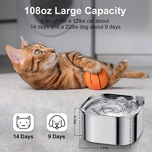 Cepheus Cat Water Fountain, 3.2L/108oz Automatic Stainless Steel Pet Fountain Dog Water Dispenser with Super Quiet Design - Ideal for Cats, Dogs, and Multiple Pets - Dishwasher Safe