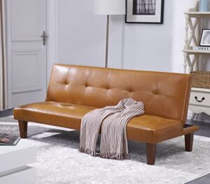 audrey living futon sofa bed, upholstered modern convertible sleeper sofa couch faux leather for small living room, apartment, dorm, square legs, 69”w (tan)