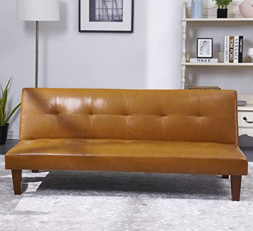 Audrey Living Futon Sofa Bed, Upholstered Modern Convertible Sleeper Sofa Couch Faux Leather for Small Living Room, Apartment, Dorm, Square Legs, 69”W (Tan)