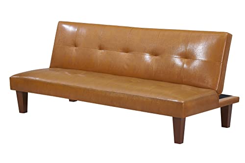 Audrey Living Futon Sofa Bed, Upholstered Modern Convertible Sleeper Sofa Couch Faux Leather for Small Living Room, Apartment, Dorm, Square Legs, 69”W (Tan)