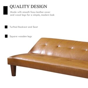 Audrey Living Futon Sofa Bed, Upholstered Modern Convertible Sleeper Sofa Couch Faux Leather for Small Living Room, Apartment, Dorm, Square Legs, 69”W (Tan)