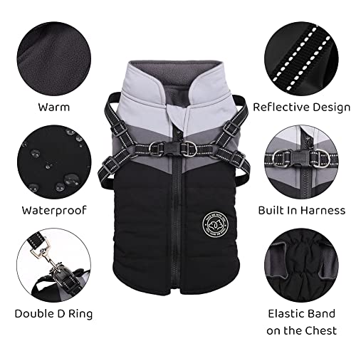 Gyuzh Padded Vest Dog Jacket Warm Zip Up Dog Vest Jacket with Harness Winter Small Dog Coat - Dog Clothes for Small Dogs (Black + Grey, Medium)