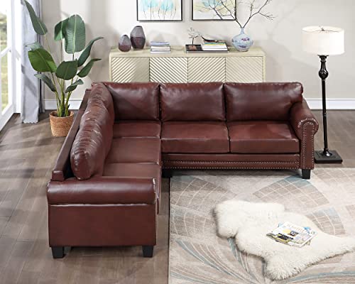 DHHU Mid-Century Sectional Corner Sofa L-Shape Scroll Arms & Rivet Ornament for Large Space Dorm, Living Room Apartment Office Furniture, Brown Couch