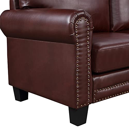 DHHU Mid-Century Sectional Corner Sofa L-Shape Scroll Arms & Rivet Ornament for Large Space Dorm, Living Room Apartment Office Furniture, Brown Couch