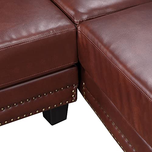 DHHU Mid-Century Sectional Corner Sofa L-Shape Scroll Arms & Rivet Ornament for Large Space Dorm, Living Room Apartment Office Furniture, Brown Couch