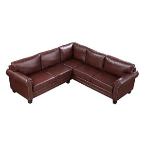 DHHU Mid-Century Sectional Corner Sofa L-Shape Scroll Arms & Rivet Ornament for Large Space Dorm, Living Room Apartment Office Furniture, Brown Couch