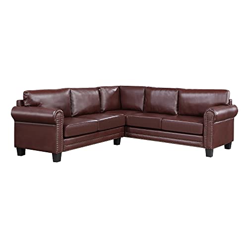 DHHU Mid-Century Sectional Corner Sofa L-Shape Scroll Arms & Rivet Ornament for Large Space Dorm, Living Room Apartment Office Furniture, Brown Couch