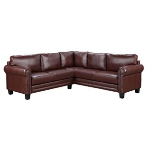 DHHU Mid-Century Sectional Corner Sofa L-Shape Scroll Arms & Rivet Ornament for Large Space Dorm, Living Room Apartment Office Furniture, Brown Couch