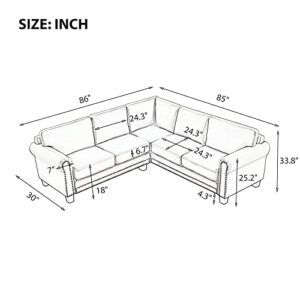 DHHU Mid-Century Sectional Corner Sofa L-Shape Scroll Arms & Rivet Ornament for Large Space Dorm, Living Room Apartment Office Furniture, Brown Couch