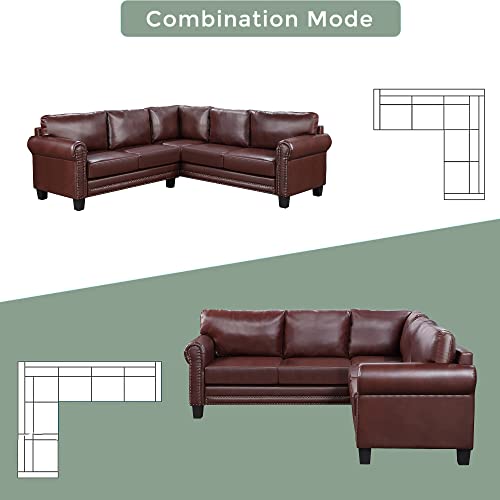 DHHU Mid-Century Sectional Corner Sofa L-Shape Scroll Arms & Rivet Ornament for Large Space Dorm, Living Room Apartment Office Furniture, Brown Couch