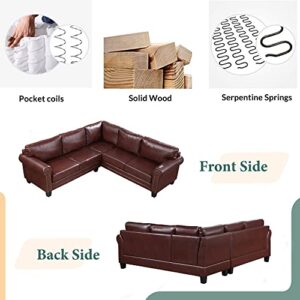 DHHU Mid-Century Sectional Corner Sofa L-Shape Scroll Arms & Rivet Ornament for Large Space Dorm, Living Room Apartment Office Furniture, Brown Couch