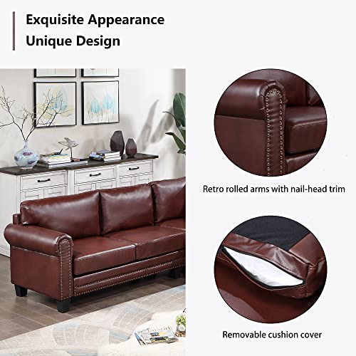 DHHU Mid-Century Sectional Corner Sofa L-Shape Scroll Arms & Rivet Ornament for Large Space Dorm, Living Room Apartment Office Furniture, Brown Couch