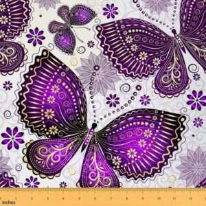 feelyou butterflies upholstery fabric, butterflies paisley floral fabric by the yard, boho flowers decorative fabric for upholstery and home diy projects, outdoor fabric, 1 yard, purple white