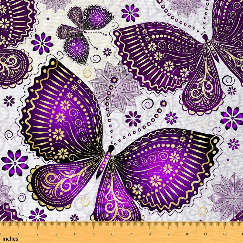 Feelyou Butterflies Upholstery Fabric, Butterflies Paisley Floral Fabric by The Yard, Boho Flowers Decorative Fabric for Upholstery and Home DIY Projects, Outdoor Fabric, 1 Yard, Purple White