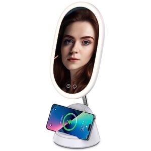 wilit vanity mirror with lights, lighted makeup mirror with detachable magnification mirror, 8.27 inch 72 premium led lights, 3 colors 3 levels brightness desk cosmetic mirror with wireless charger