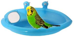 clpoawc bird bath for cage with mirror,bird baths tub parakeet fountain,bird large parrot,portable accessories small lovebird finch budgie canary blue