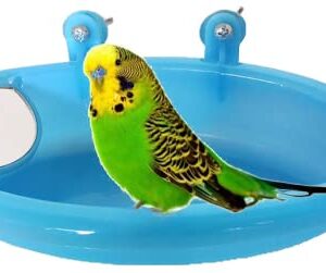 Clpoawc Bird Bath for Cage with Mirror,Bird Baths Tub Parakeet Fountain,Bird Large Parrot,Portable Accessories Small Lovebird Finch Budgie Canary Blue