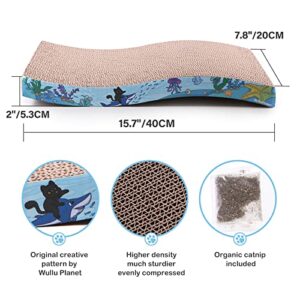 Wullu Planet Cat Scratch Board Cardboard Cat Scratcher for Indoor Cats Reversible Cat Scratching Pad with Catnip (Blue)