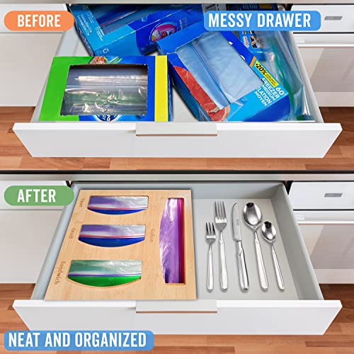 Dharmagic Kitchen Organization and Storage for Drawer Wood Kitchen Food Baggie Dispenser Box Plastic Bag Holder Compatible with Gallon, Quart, Sandwich & Snack Bags from Most Brands Ziplock