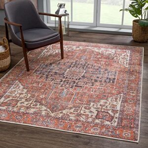 bloom rugs washable 4x6 rug - red/orange/beige traditional, distressed area rug for living room, bedroom, dining room and kitchen - exact size: 4' x 6'