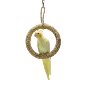 bird rope swing toy parrot climbing perch stand natural straw rope weaving round toy for cockatiel conure cockatoo parakeet cage hanging decor