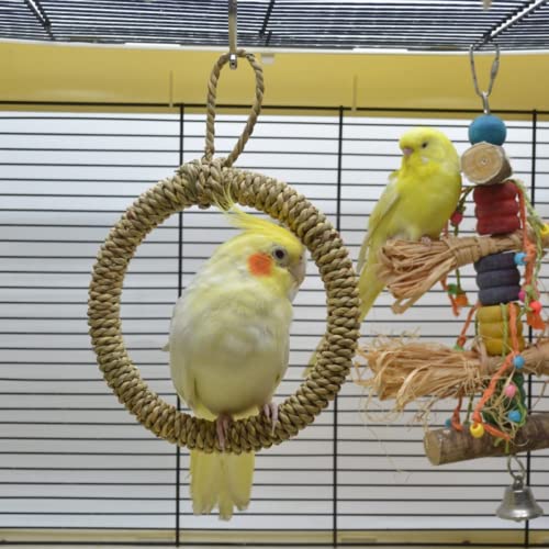 Bird Rope Swing Toy Parrot Climbing Perch Stand Natural Straw Rope Weaving Round Toy for Cockatiel Conure Cockatoo Parakeet Cage Hanging Decor