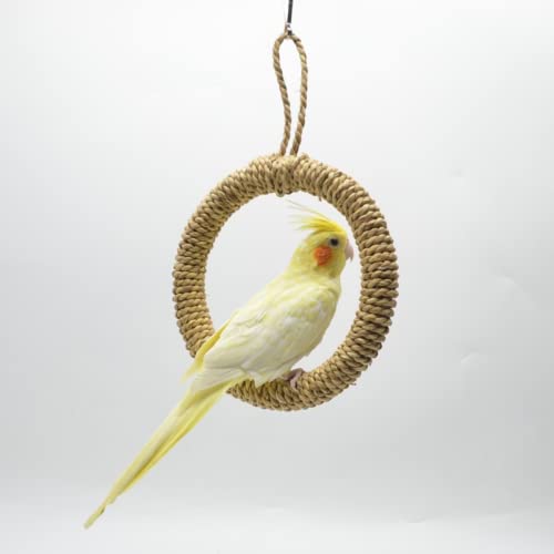 Bird Rope Swing Toy Parrot Climbing Perch Stand Natural Straw Rope Weaving Round Toy for Cockatiel Conure Cockatoo Parakeet Cage Hanging Decor