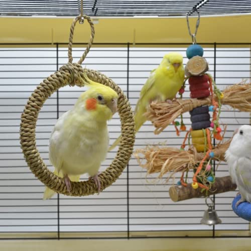 Bird Rope Swing Toy Parrot Climbing Perch Stand Natural Straw Rope Weaving Round Toy for Cockatiel Conure Cockatoo Parakeet Cage Hanging Decor