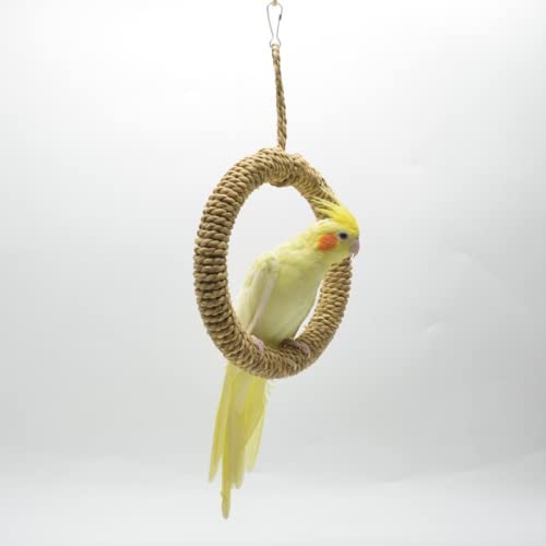 Bird Rope Swing Toy Parrot Climbing Perch Stand Natural Straw Rope Weaving Round Toy for Cockatiel Conure Cockatoo Parakeet Cage Hanging Decor