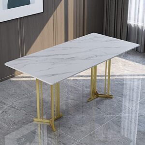 modern sintered stone dining table bigmaii luxury rectangle kitchen dinner table with white marble top and gold double pedestal for restaurant dining room - 47.2" (not including chairs)