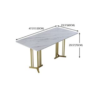 Modern Sintered Stone Dining Table BIGMAII Luxury Rectangle Kitchen Dinner Table with White Marble Top and Gold Double Pedestal for Restaurant Dining Room - 47.2" (Not Including Chairs)