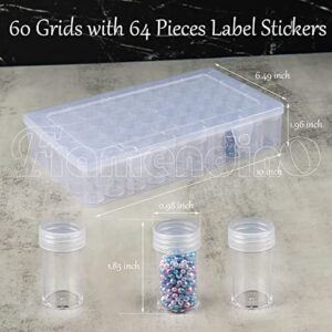 Framendino, 60 Grids Diamond Painting Storage Container Jars with Lid 64 Pcs Label Stickers Plastic Beads Container for DIY Diamond Nail Art Crafts Seeds