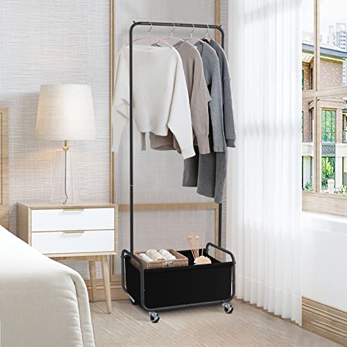 Dunatou Clothing Rack with Basket, Standard Rod Clothing Garment Rack, Rolling Clothes Organizer on Wheels for Hanging Clothes (Small, Black)
