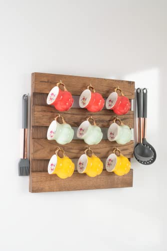 Coffee Mug Holder, Rustic Mug Rack Wall Mounted - 9 Cup Hangers; Farmhouse Wooden Coffee Mug Display and Cup Organizer - Distressed Coffee Cup Rack Organizer Hanger, Kitchen Mug Display Storage