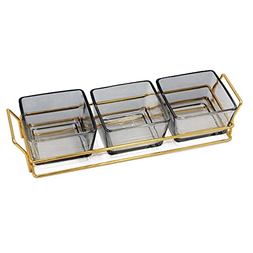 3 Square Glass Serving Dish with Gold Metal Rack, Chip and Dip Set, Food Trays for Party, Stand Sets for Nuts, Fruits, Snacks, Candy