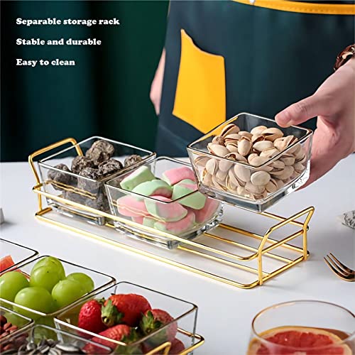 3 Square Glass Serving Dish with Gold Metal Rack, Chip and Dip Set, Food Trays for Party, Stand Sets for Nuts, Fruits, Snacks, Candy