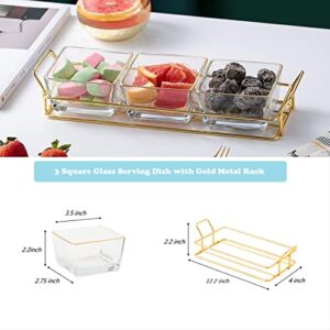 3 Square Glass Serving Dish with Gold Metal Rack, Chip and Dip Set, Food Trays for Party, Stand Sets for Nuts, Fruits, Snacks, Candy