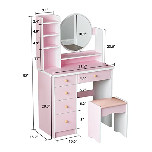 AIEGLE Vanity Desk Set with Round Mirror, Makeup Dressing Table with Shelves & Cushioned Stool, Vanity Desk & Vanity Stool Set, Pink (31.5" W x 15.7" D x 52" H)