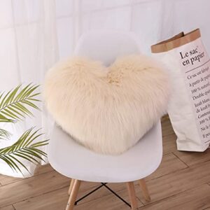 vctops fluffy heart shaped pillow faux fur long plush cushion shaggy solid color decorative throw pillow cover with insert for sofa couch bedroom (beige,14"x18")