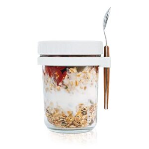 smarch overnight oats jars with lid and spoon，10 oz large capacity airtight oatmeal container with measurement marks, mason jars with lid for cereal on the go container (white)