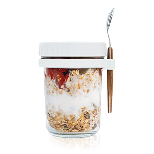 SMARCH Overnight Oats Jars with Lid and Spoon，10 oz Large Capacity Airtight Oatmeal Container with Measurement Marks, Mason Jars with Lid for Cereal On The Go Container (white)