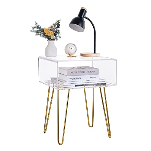 HMYHUM Acrylic Nightstand with Metal Legs, Bedside Table for Bedroom, Easy Assembly, Modern, 18.1'' L x 15'' W x 23.4'' H, Clear & Gold