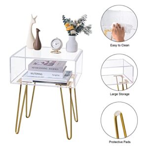 HMYHUM Acrylic Nightstand with Metal Legs, Bedside Table for Bedroom, Easy Assembly, Modern, 18.1'' L x 15'' W x 23.4'' H, Clear & Gold
