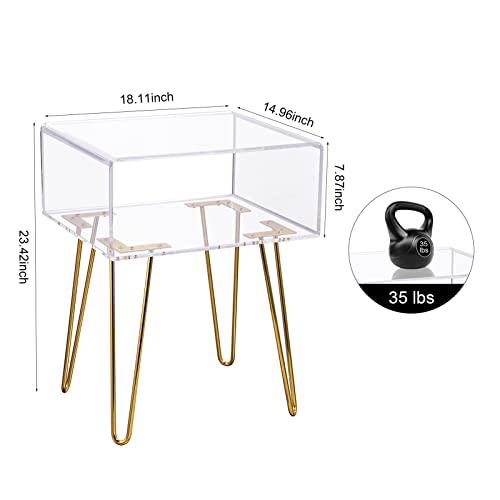 HMYHUM Acrylic Nightstand with Metal Legs, Bedside Table for Bedroom, Easy Assembly, Modern, 18.1'' L x 15'' W x 23.4'' H, Clear & Gold