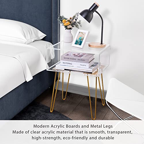 HMYHUM Acrylic Nightstand with Metal Legs, Bedside Table for Bedroom, Easy Assembly, Modern, 18.1'' L x 15'' W x 23.4'' H, Clear & Gold